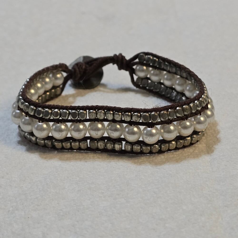 American Eagle Outfitters Brown Leather Pearl Braided‎ Bracelet y2k 90s